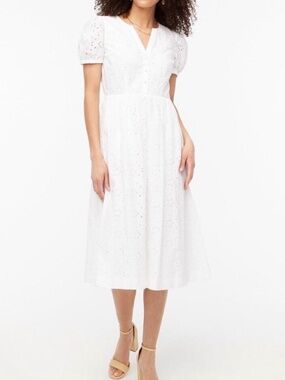 J. Crew Women's White Eyelet Puff Short Sleeve Midi Dress Size 4 Lined Cotton